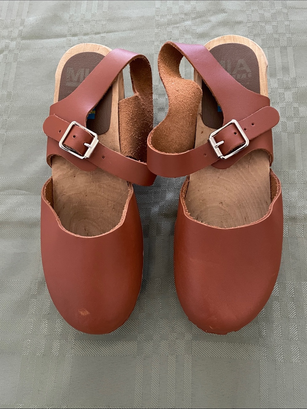 Brown Leather Clog Sandals with Ankle Strap